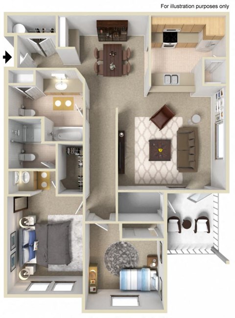 Floor plan for 2 beds, 2 baths, 1038 sqft